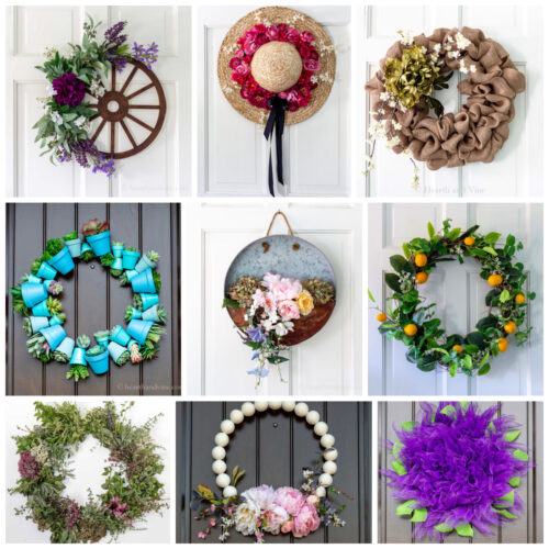 A square collage of nine summer wreaths.