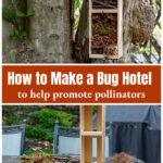 A bug hotel hanging on a tree over the supplies needed to create one.