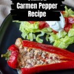 Open cooked stuffed carmen pepper.