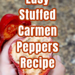 Top of stuffed carmen pepper with text overlay.