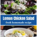 Lemon chicken salad on a bed of greens over Bowl of lemon chicken salad with a lemon slice on top.