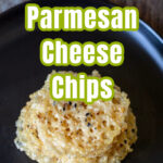 Stack of parmesan cheese crisps with text overlay.