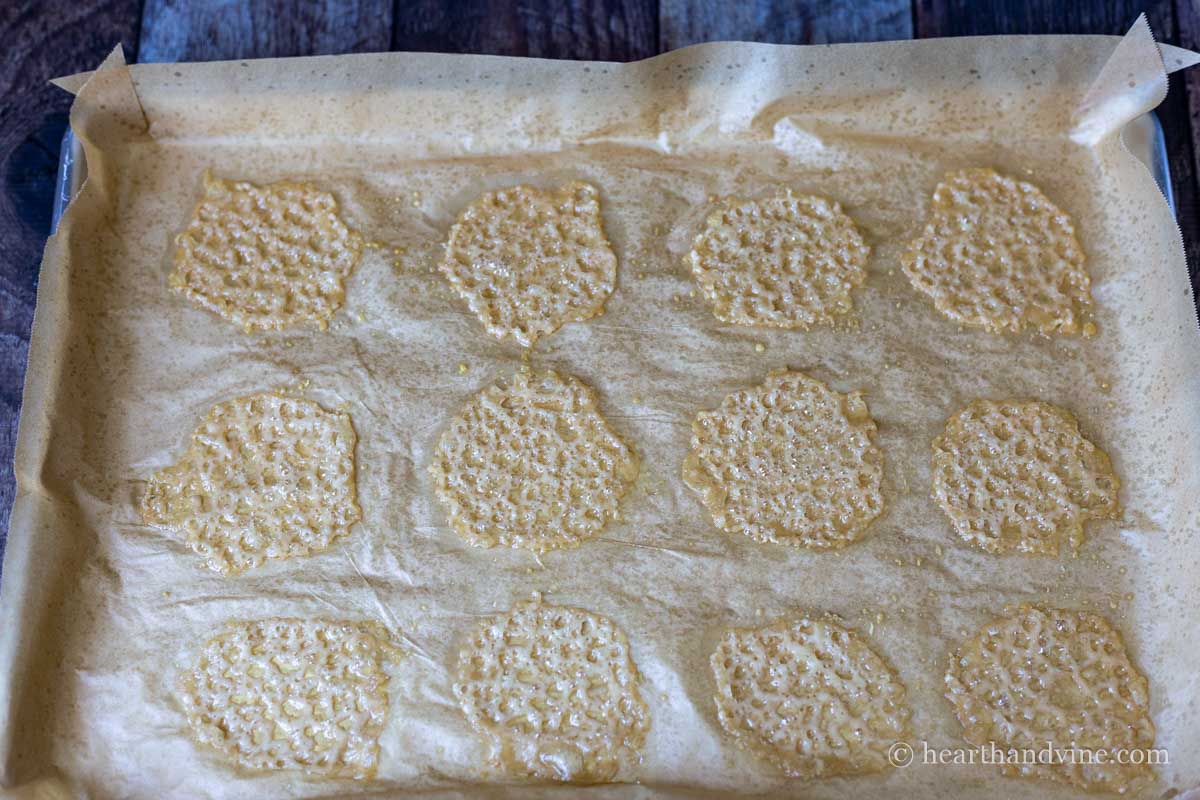 Parmesan cheese crisps from the oven.