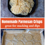 A plate of parmesan crisps over the same from the oven.