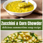 Bowl of zucchini chowder over chopped zucchini.
