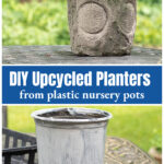 An upcycled cement pot over a white painted black pot.