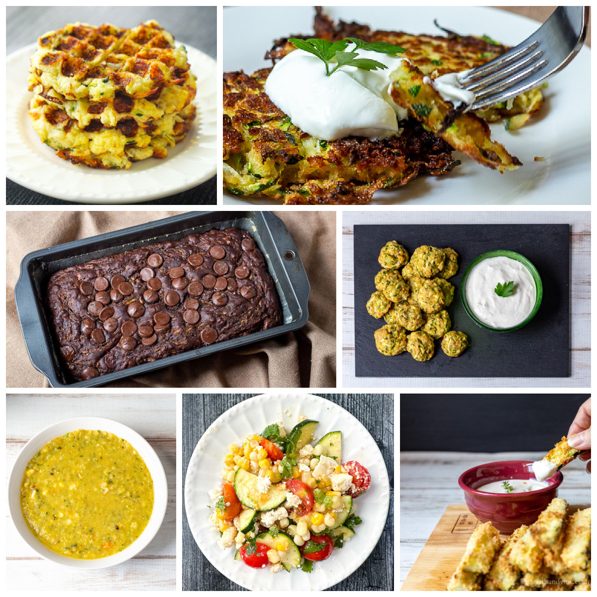 Zucchini recipes including waffles, latkes, soup, salad, bread and more.