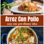 A serving plate of Arroz Con Pollo over a full pot of the same.