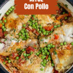 Aerial view of arroz con pollo in a Dutch oven.