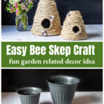 Two decorative bee skeps over two plastic pots, sisal rope and a glue gun.