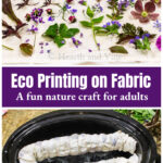 Flowers and leaves on a towel over eco printing bundle in a slow cooker.