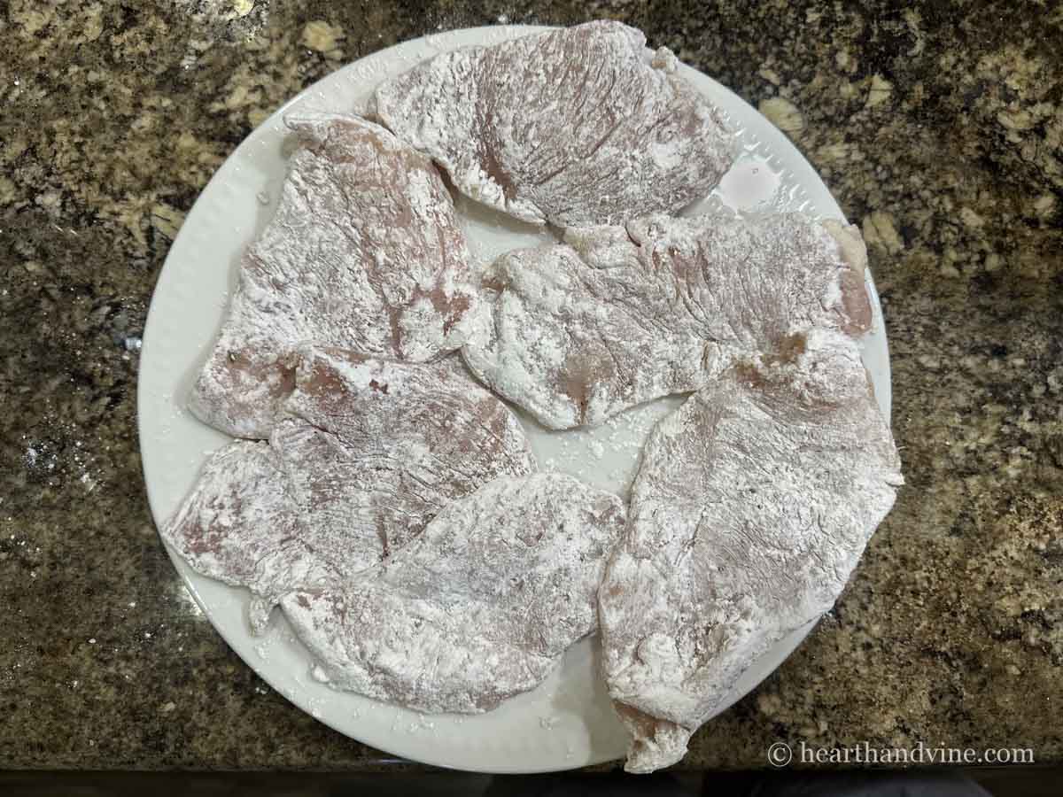 Thinly sliced chicken breast dredged in flour.