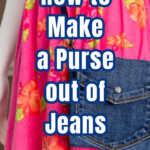 A jean crossbody bag on a mannequin with a pink dress and text overlay.