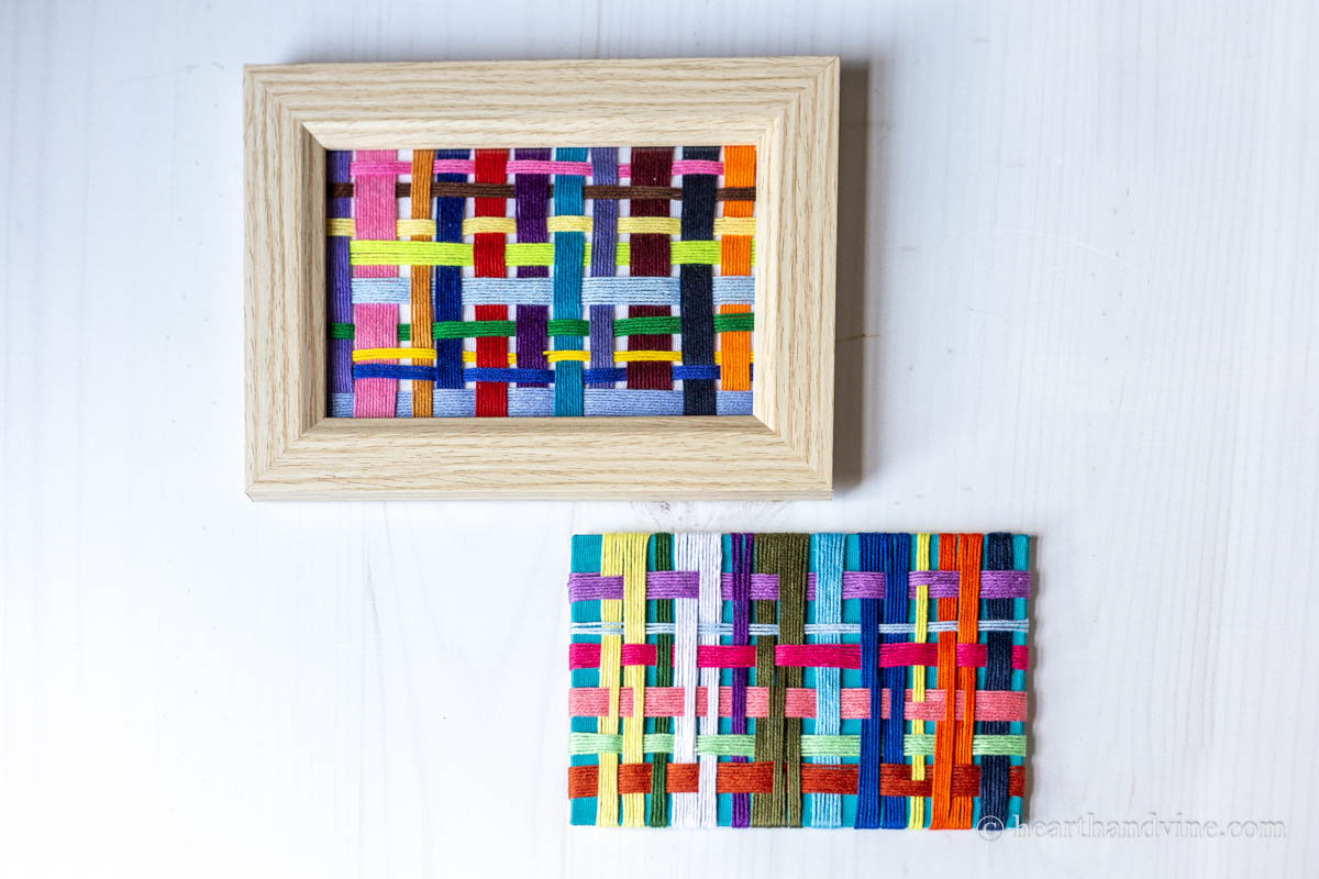 Two off loom weaving art pieces. One in a natural colored frame and on without a frame.