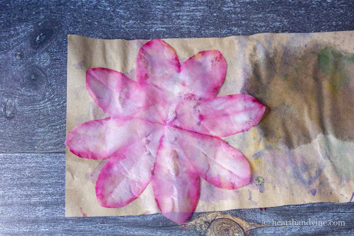 Pink coffee filter flower drying.