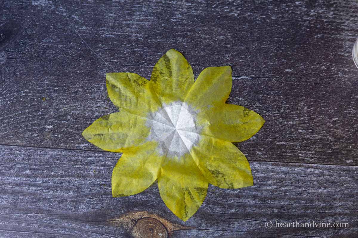 Coffee filter flower open in yellow.