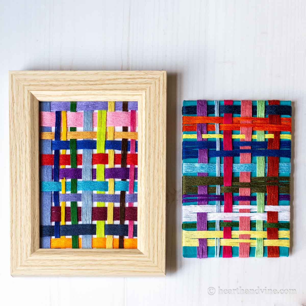 Two off loom weaving art pieces one is framed.