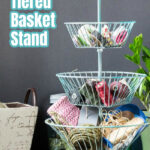 A 3 tiered basket stand with tapes and rolls of twine/string.