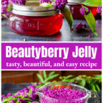 A mason jar of beautyberry jelly with a branch of fresh beautyberries on top over a large cup of fresh beautyberries.