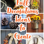 A collage of fall themed home decor ideas including wreaths, centerpieces and garlands.