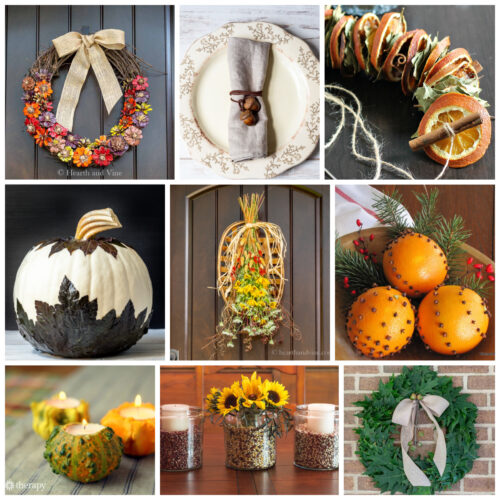 Collage of fall crafts including wreaths, decorated pumpkins, acorn ties and dried orange garland.