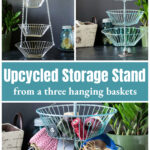 Empty hanging basket then painted stand over a close look at the completed basket stand filled with small items.