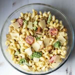 Aerial view of a caesar pasta salad.