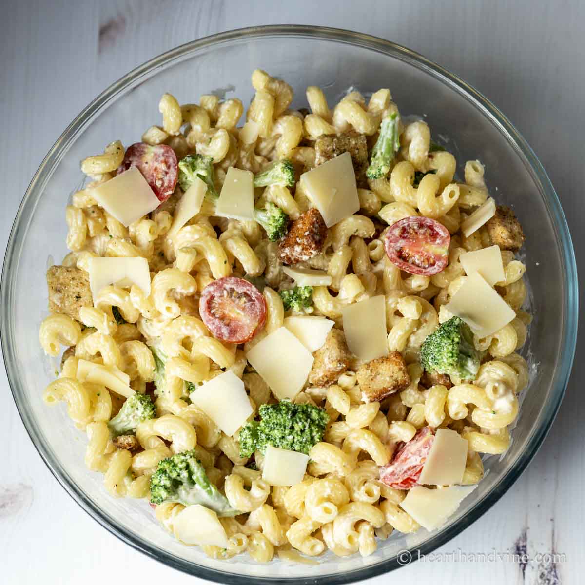 Aerial view of Caesar pasta salad.