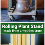 Rolling plant stand with copper watering can inside over crate on casters.