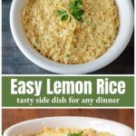 Aerial view of lemon rice with parsley and lemon rind garnish over side view.