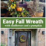 Grapevine wreath with sunflowers and a pumpkin over a fall decorated front porch.