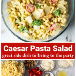 Aerial view of Caesar pasta salad over the ingredients for the same.
