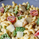 Partial view of a Caesar pasta salad.