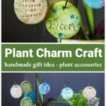 Closeup of plant charms over several in pots.