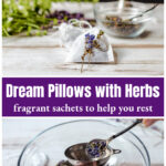 Herbal dream pillow over herbs being places into the bag.