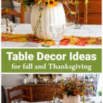 Two views of a decorated Thanksgiving table.