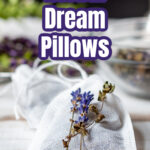 Muslin drawstring bag with lavender and lemon balm with a few springs on top.