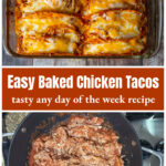 Pan of baked chicken tacos over a skillet of chicken and sauce filling.