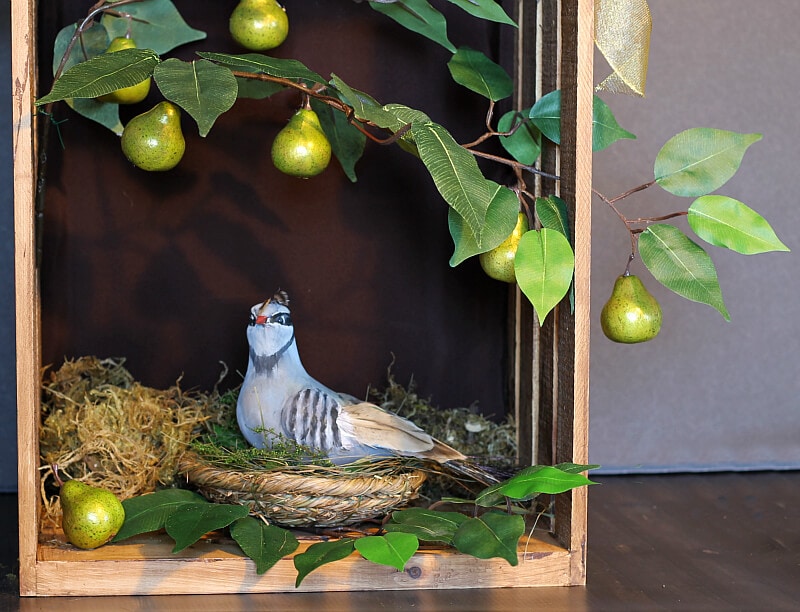 This partridge in a pear tree shadow box was created for a holiday crate challenge. 10 bloggers purchased the same crate and decorated it for the holidays.