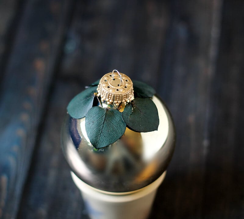 Gold metal ornament with a few eucalyptus leaves glued around the top.