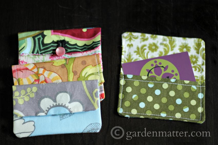 Learn how to make this simple card holder from 5 in squares of coordinating fabric. Use for business cards or a gift card package.