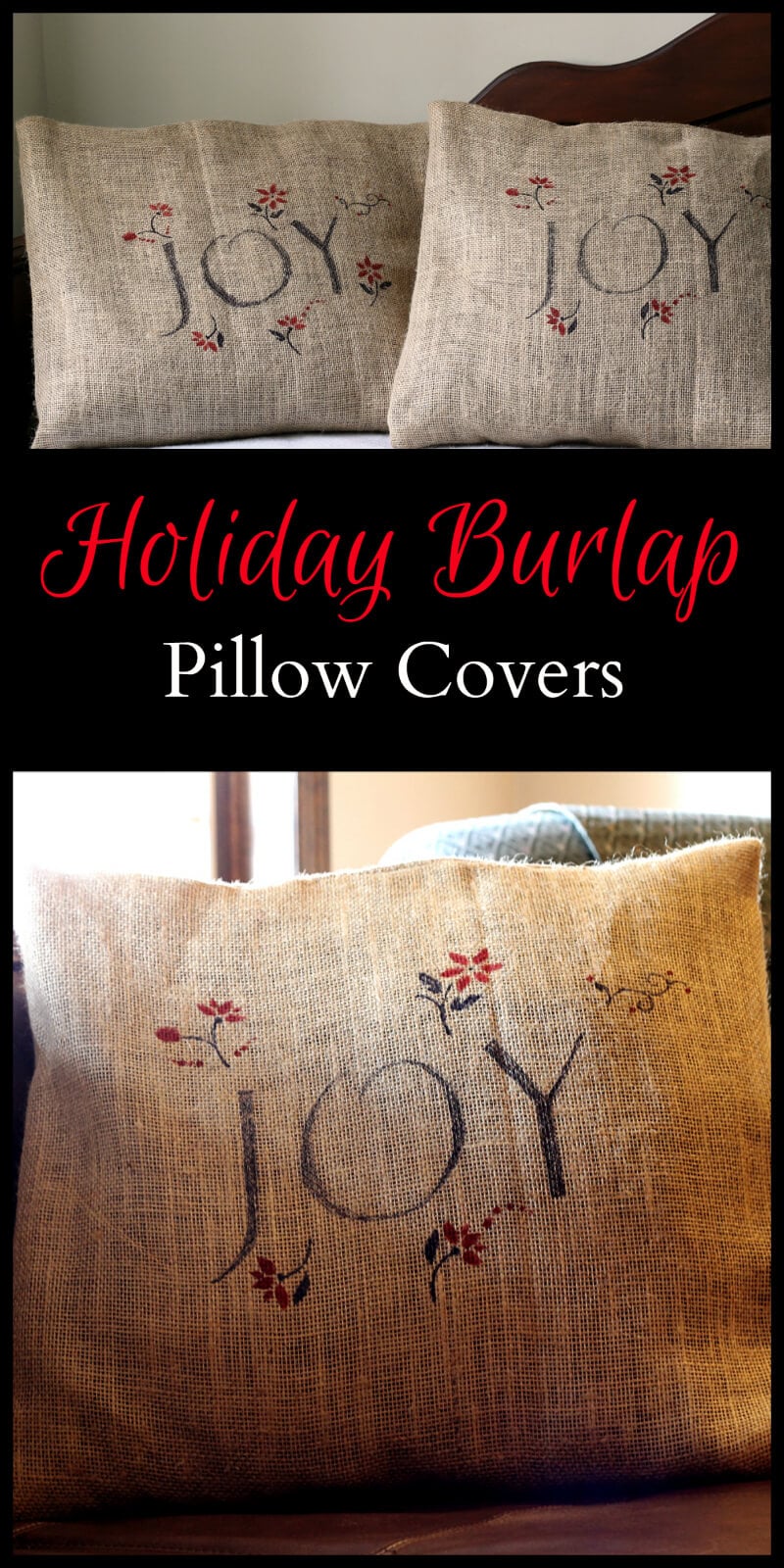 This project for holiday burlap pillow covers is really easy and I'll show you two tricks that you can use in the future for any time of year.