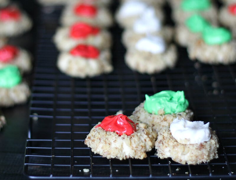 Thumbprint cookies with red, white and green frosting.